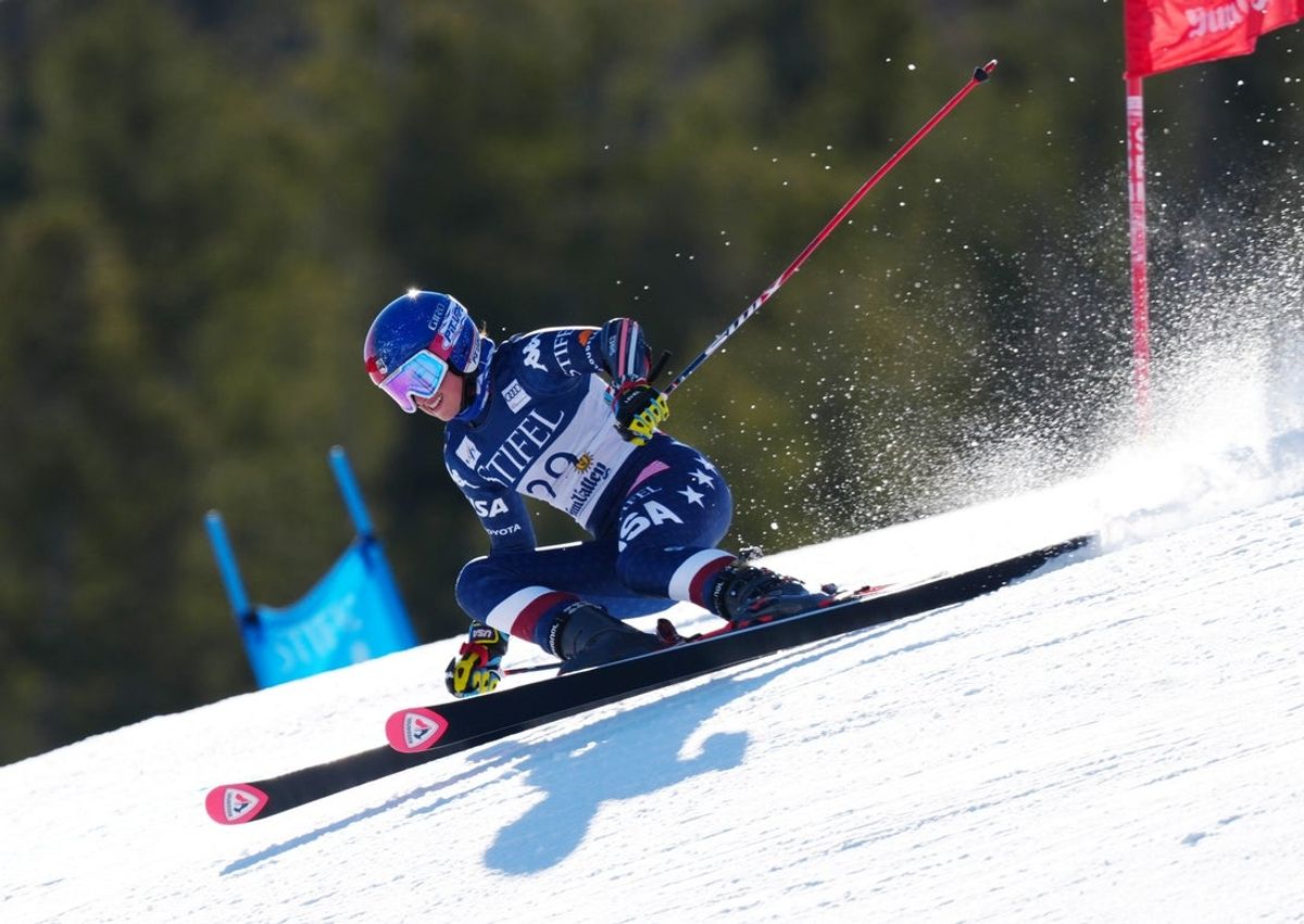 Mar 25, 2025; Sun Valley, ID, USA; Lauren Macuga of the United States during the first run of the women's giant slalom alpine skiing race in the 2025 FIS Ski World Cup at Sun Valley. Mandatory Credit: Christopher Creveling-Imagn Images
