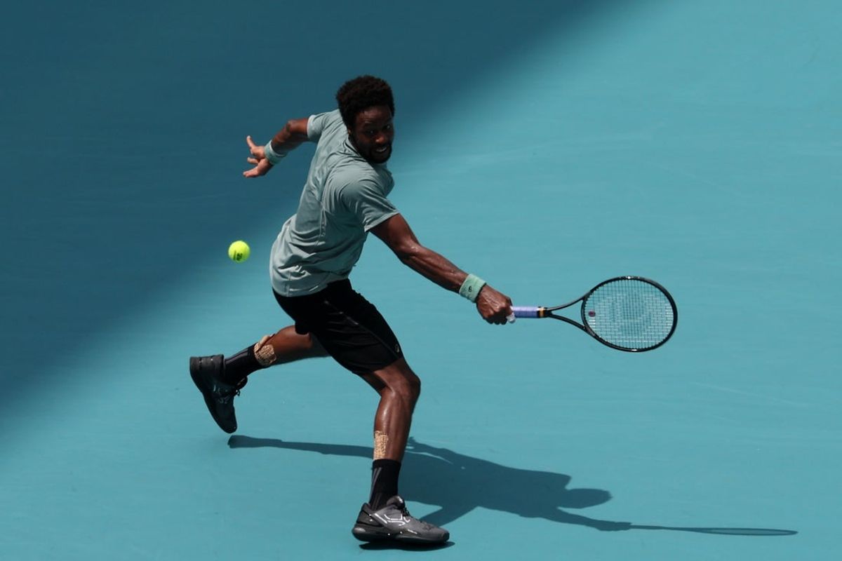 Mar 25, 2025; Miami, FL, USA; Gael Monfils (FRA) reaches for a backhand against Sebastian Korda (USA)(not pictured) on day eight of the Miami Open at Hard Rock Stadium. Mandatory Credit: Geoff Burke-Imagn Images