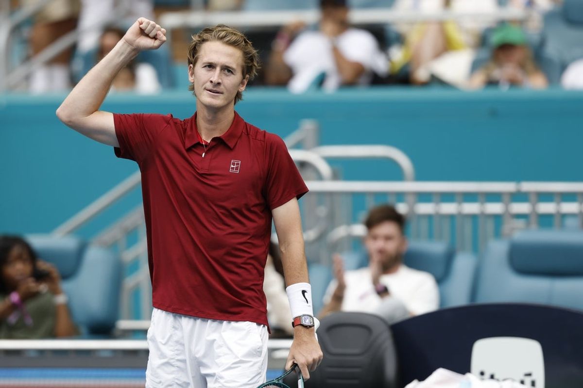 Mar 25, 2025; Miami, FL, USA; Sebastian Korda (USA) celebrates after his match against Gael Monfils (FRA)(not pictured) on day eight of the Miami Open at Hard Rock Stadium. Mandatory Credit: Geoff Burke-Imagn Images