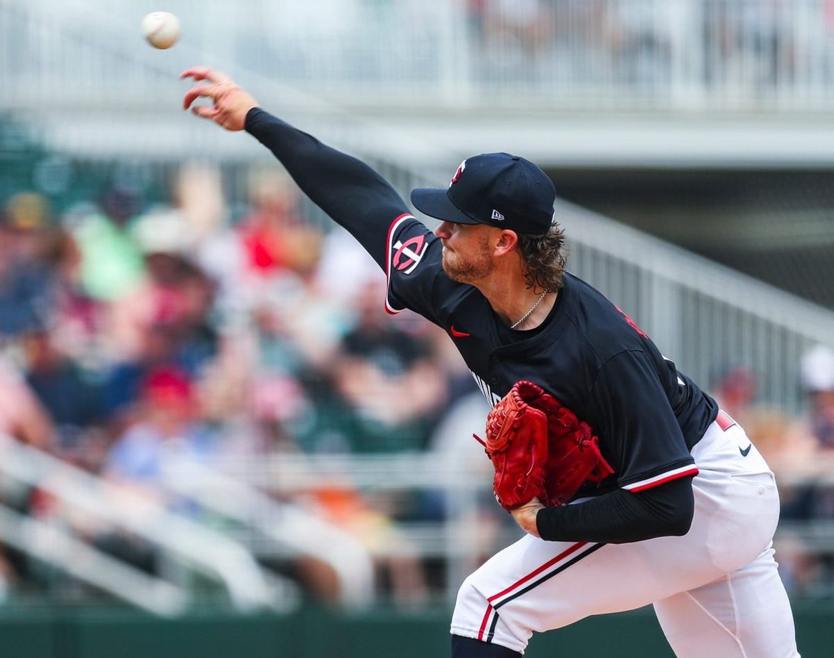 Minnesota Twins pitcher Chris Paddack (20) throws during a spring training game against the Colorado Rockies at Lee Health Sports Complex in Fort Myers, Fla., on Tuesday, March 25, 2025.