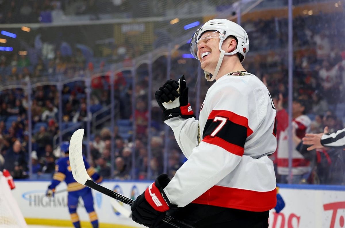 Mar 25, 2025; Buffalo, New York, USA;  Ottawa Senators left wing Brady Tkachuk (7) reacts after scoring a power play goal during the first period against the Buffalo Sabres at KeyBank Center. Mandatory Credit: Timothy T. Ludwig-Imagn Images
