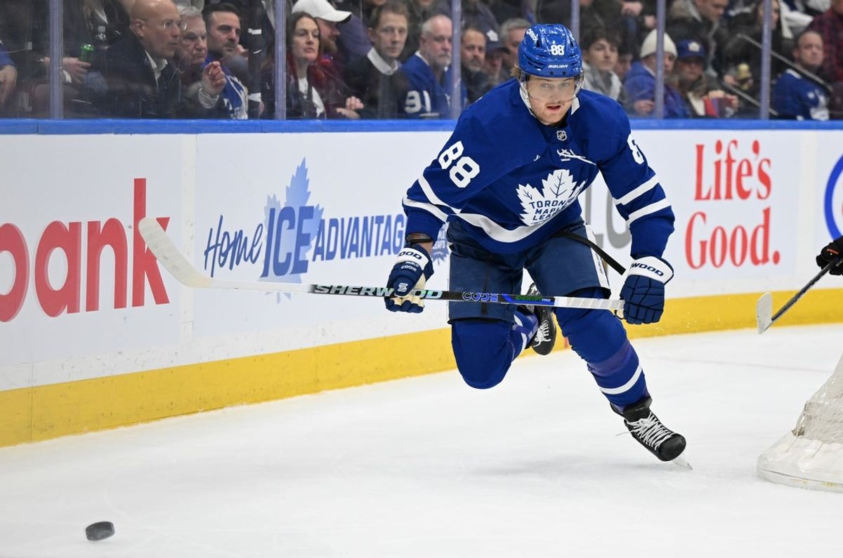 Mar 25, 2025; Toronto, Ontario, CAN;  Toronto Maple Leafs forward William Nylander (88) pursues the puck against the Philadelphia Flyers in the first period at Scotiabank Arena. Mandatory Credit: Dan Hamilton-Imagn Images