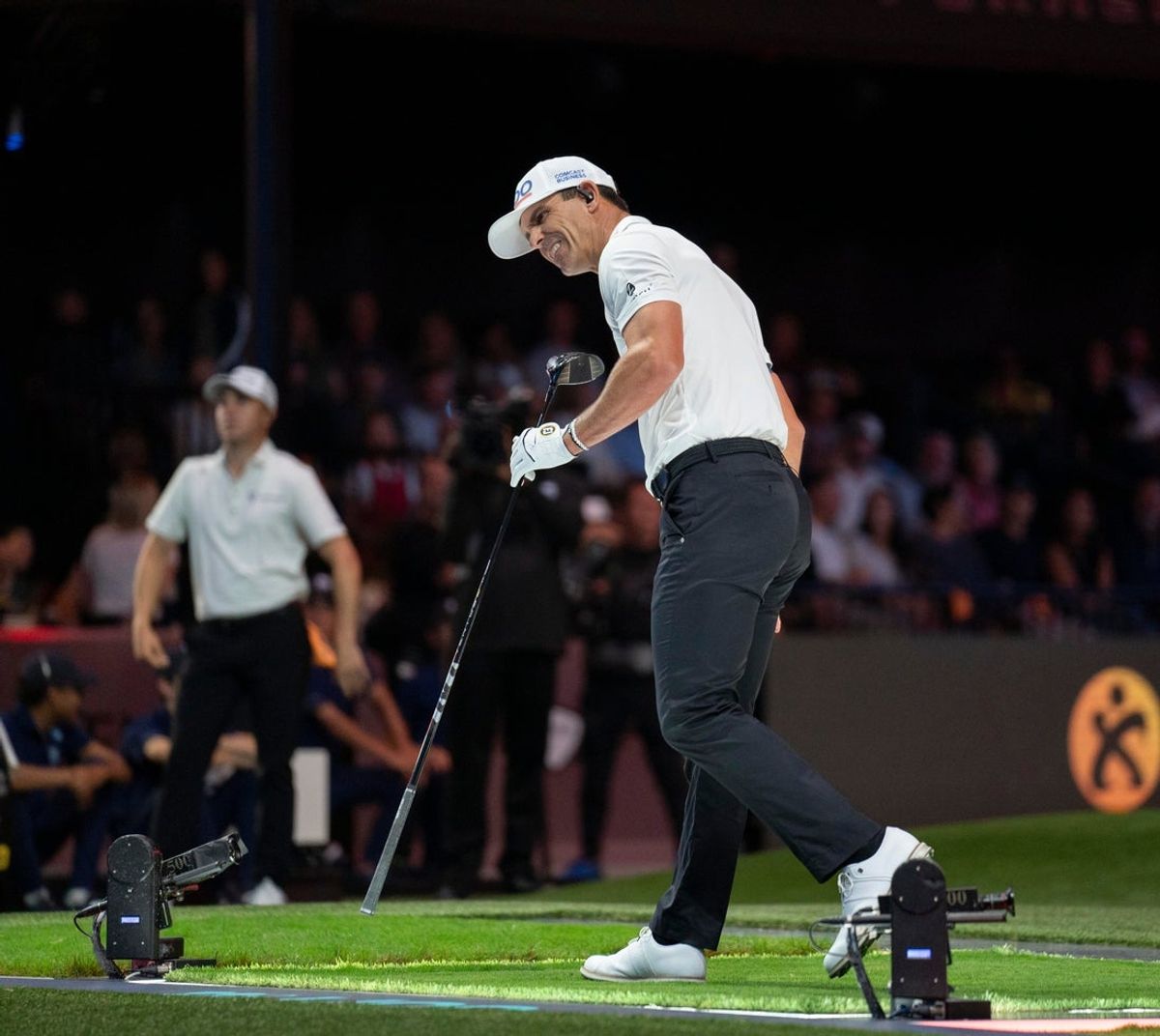 Billy Horschel of Atlanta Drive GC reacts to his tee shot against the New York Golf Club in the TGL finals at SoFi Center on March 25, 2025, in Palm Beach Gardens, Florida.