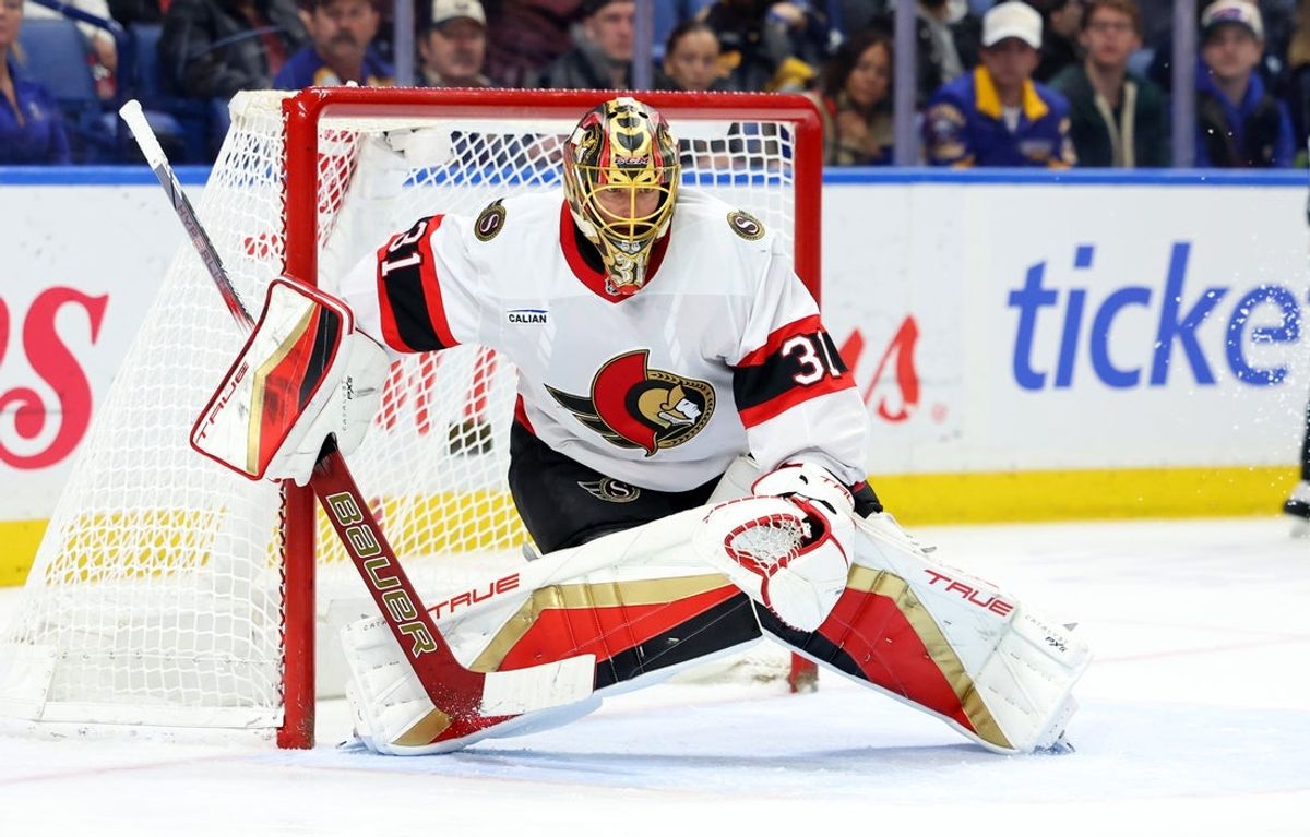 Mar 25, 2025; Buffalo, New York, USA;  Ottawa Senators goaltender Anton Forsberg (31) looks for the puck during the second period against the Buffalo Sabres at KeyBank Center. Mandatory Credit: Timothy T. Ludwig-Imagn Images