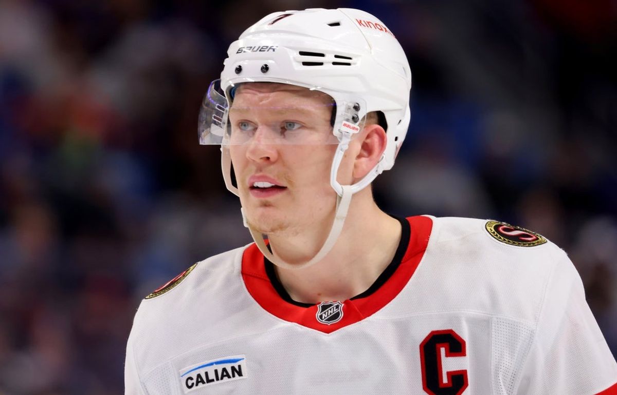 Mar 25, 2025; Buffalo, New York, USA;  Ottawa Senators left wing Brady Tkachuk (7) during a stoppage in play against the Buffalo Sabres at KeyBank Center. Mandatory Credit: Timothy T. Ludwig-Imagn Images