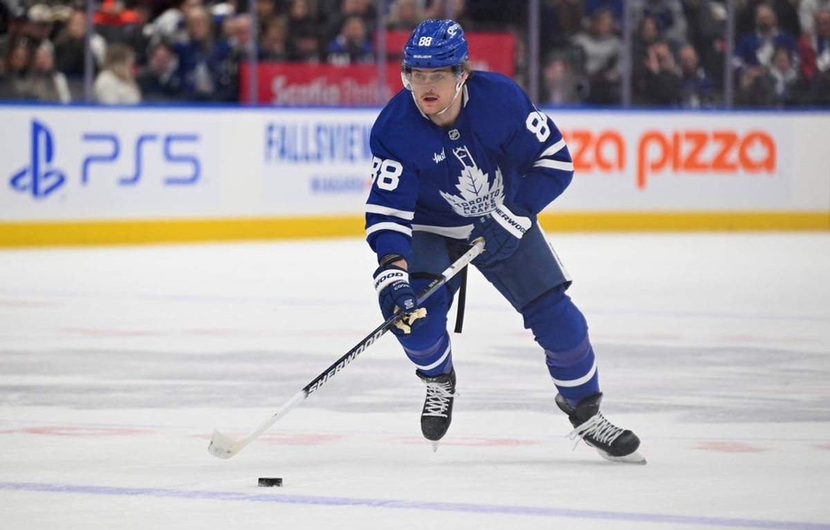 Mar 25, 2025; Toronto, Ontario, CAN;  Toronto Maple Leafs forward William Nylander (88) skates with the puck against the Philadelphia Flyers in the first period at Scotiabank Arena. Mandatory Credit: Dan Hamilton-Imagn Images