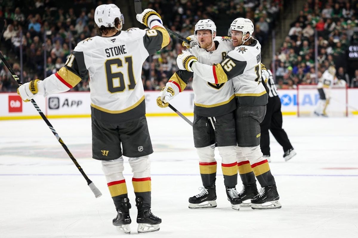 Mar 25, 2025; Saint Paul, Minnesota, USA; Vegas Golden Knights center Jack Eichel (9) celebrates his goal with defenseman Noah Hanifin (15) during the third period against the Minnesota Wild at Xcel Energy Center. Mandatory Credit: Matt Krohn-Imagn Images