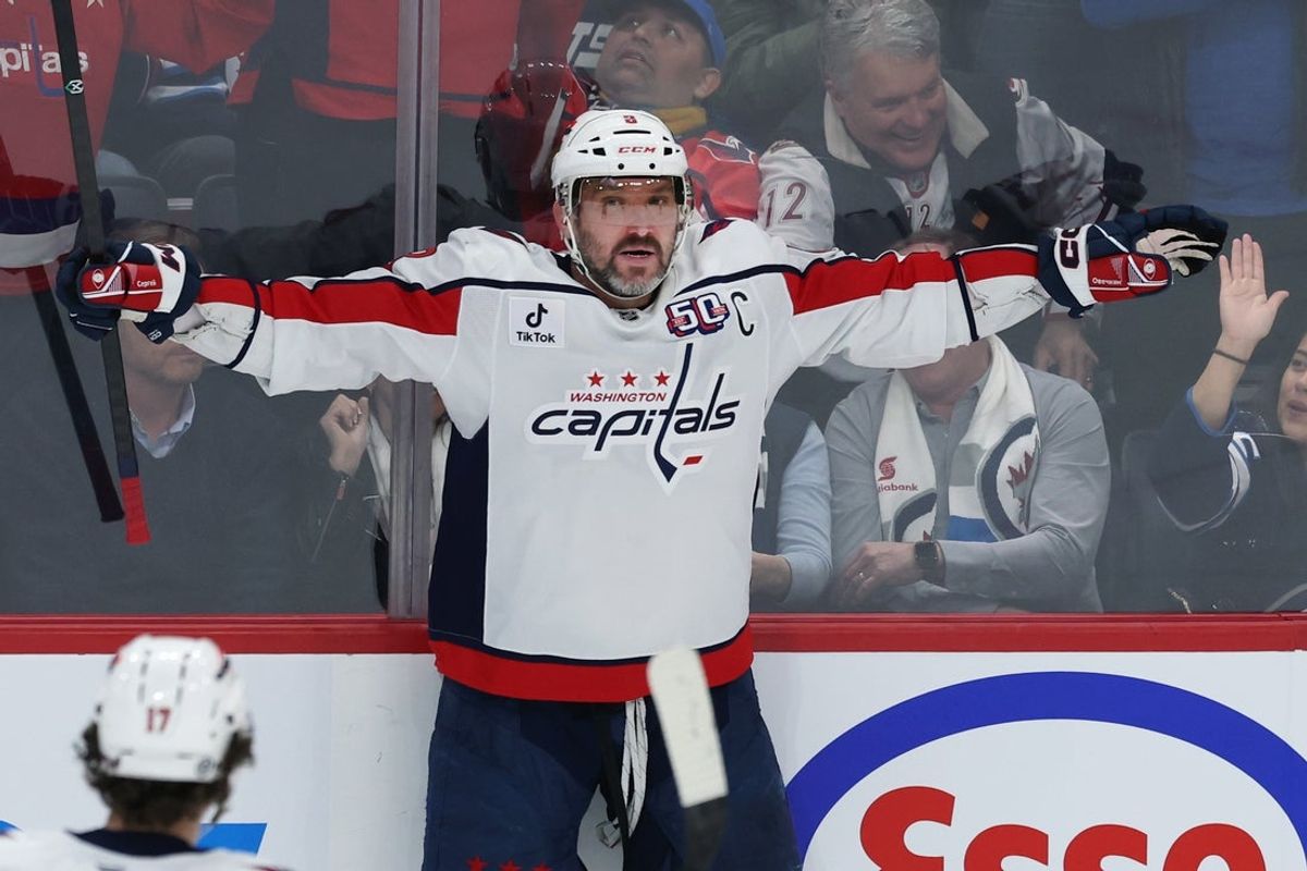 Mar 25, 2025; Winnipeg, Manitoba, CAN; Washington Capitals left wing Alex Ovechkin (8) celebrates his goal against the Winnipeg Jets in the third period at Canada Life Centre. Mandatory Credit: James Carey Lauder-Imagn Images