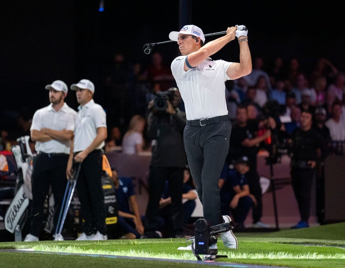Billy Horschel of Atlanta Drive GC tees off against the New York Golf Club in the TGL finals at SoFi Center on March 25, 2025, in Palm Beach Gardens, Florida.