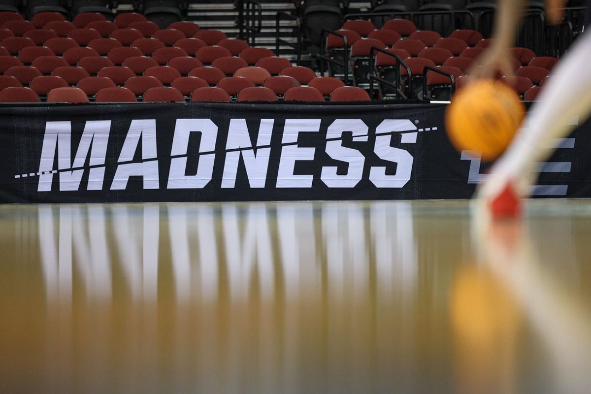 Mar 26, 2025; Newark, NJ, USA; General view of a NCAA March Madness logo during a practice sessions in preparation for an East Regional semifinal games at Prudential Center. Mandatory Credit: Vincent Carchietta-Imagn Images