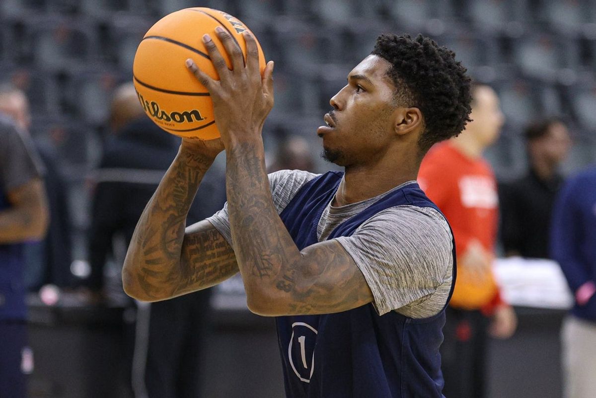 Mar 26, 2025; Newark, NJ, USA; Arizona Wildcats guard Caleb Love (1) shoots the ball during a practice session in preparation for an East Regional semifinal game against the Duke Blue Devils at Prudential Center. Mandatory Credit: Vincent Carchietta-Imagn Images