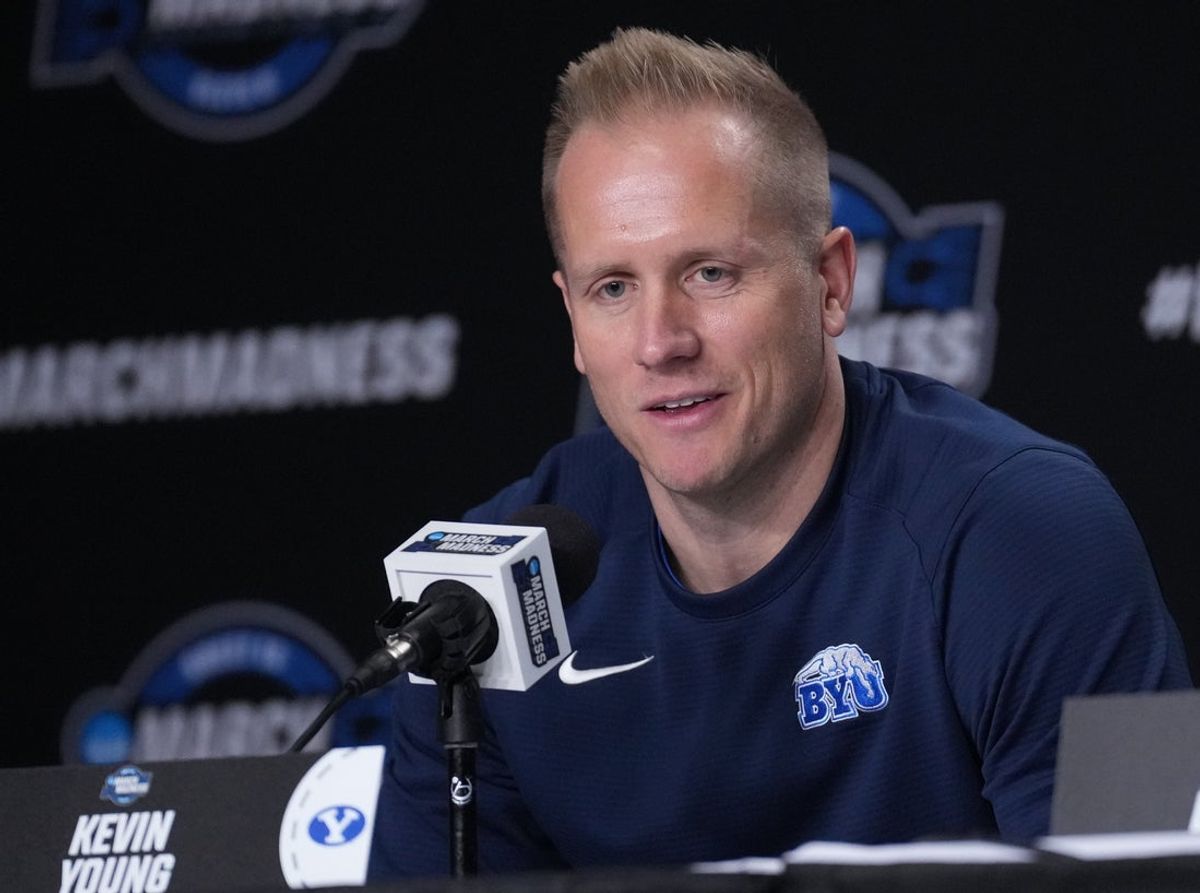 Mar 26, 2025; Newark, NJ, USA;  Brigham Young Cougars head coach Kevin Young talks to the media at the Prudential Center. Mandatory Credit: Robert Deutsch-Imagn Images