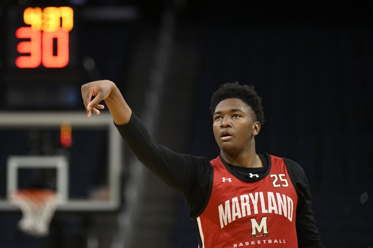 Mar 26, 2025; San Francisco, CA, USA; Maryland Terrapins center Derik Queen (25) shoots the basketball during NCAA Tournament West Regional Practice at Chase Center. Mandatory Credit: Eakin Howard-Imagn Images