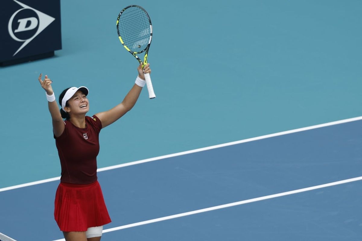 Mar 26, 2025; Miami, FL, USA; Alexandra Eala (PHL) celebrates after her match against Iga Swiatek (POL)(not pictured) on day nine of the Miami Open at Hard Rock Stadium. Mandatory Credit: Geoff Burke-Imagn Images