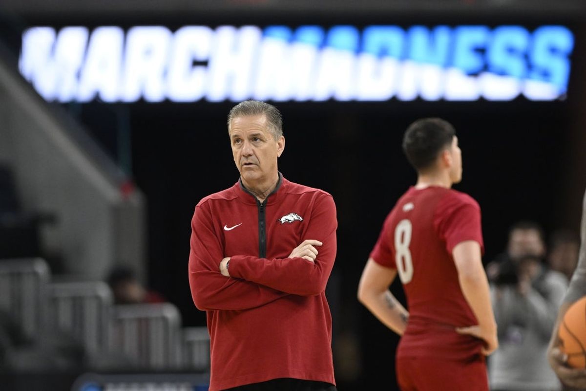 Mar 26, 2025; San Francisco, CA, USA; Arkansas Razorbacks head coach John Calipari watches during NCAA Tournament West Regional Practice at Chase Center. Mandatory Credit: Eakin Howard-Imagn Images