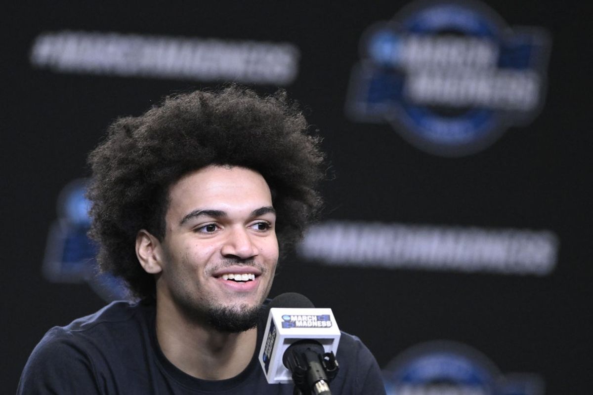 Mar 26, 2025; San Francisco, CA, USA; Maryland Terrapins guard Ja'Kobi Gillespie (0) addresses the media in a press conference during NCAA Tournament West Regional Practice at Chase Center. Mandatory Credit: Eakin Howard-Imagn Images