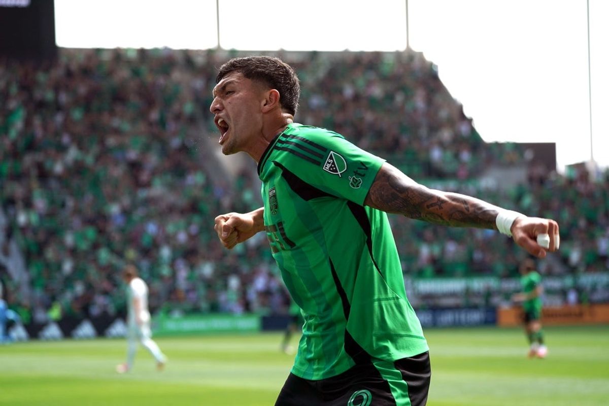 Mar 23, 2025; Austin, Texas, USA; Austin FC forward Brandon Vazquez (9) celebrates his first goal of the season during the first half against San DIego FC at Q2 Stadium. Mandatory Credit: Dustin Safranek-Imagn Images