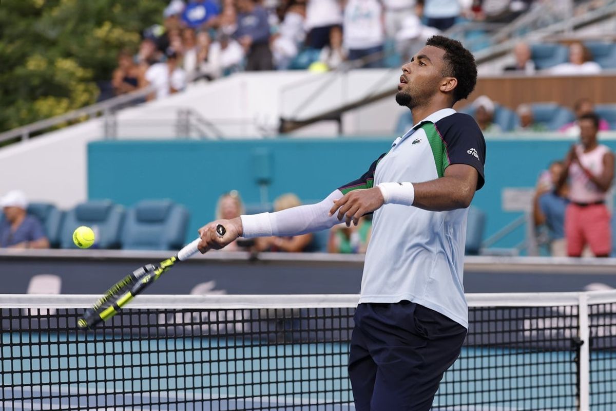 Mar 26, 2025; Miami, FL, USA; Arthur Fils (FRA) celebrates after match point against Alexander Zverev (GER)(not pictured) on day nine of the Miami Open at Hard Rock Stadium. Mandatory Credit: Geoff Burke-Imagn Images