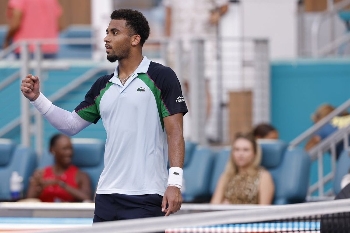 Mar 26, 2025; Miami, FL, USA; Arthur Fils (FRA) celebrates after his match against Alexander Zverev (GER)(not pictured) on day nine of the Miami Open at Hard Rock Stadium. Mandatory Credit: Geoff Burke-Imagn Images