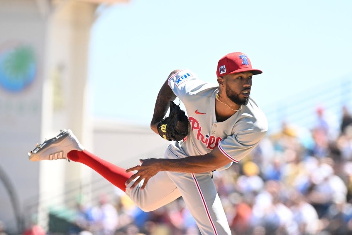 Mar 18, 2025; Bradenton, Florida, USA; Philadelphia Phillies starting pitcher Christopher Sanchez (61) throws a pitch in the first inning against the Pittsburgh Pirates during spring training at LECOM Park. Mandatory Credit: Jonathan Dyer-Imagn Images