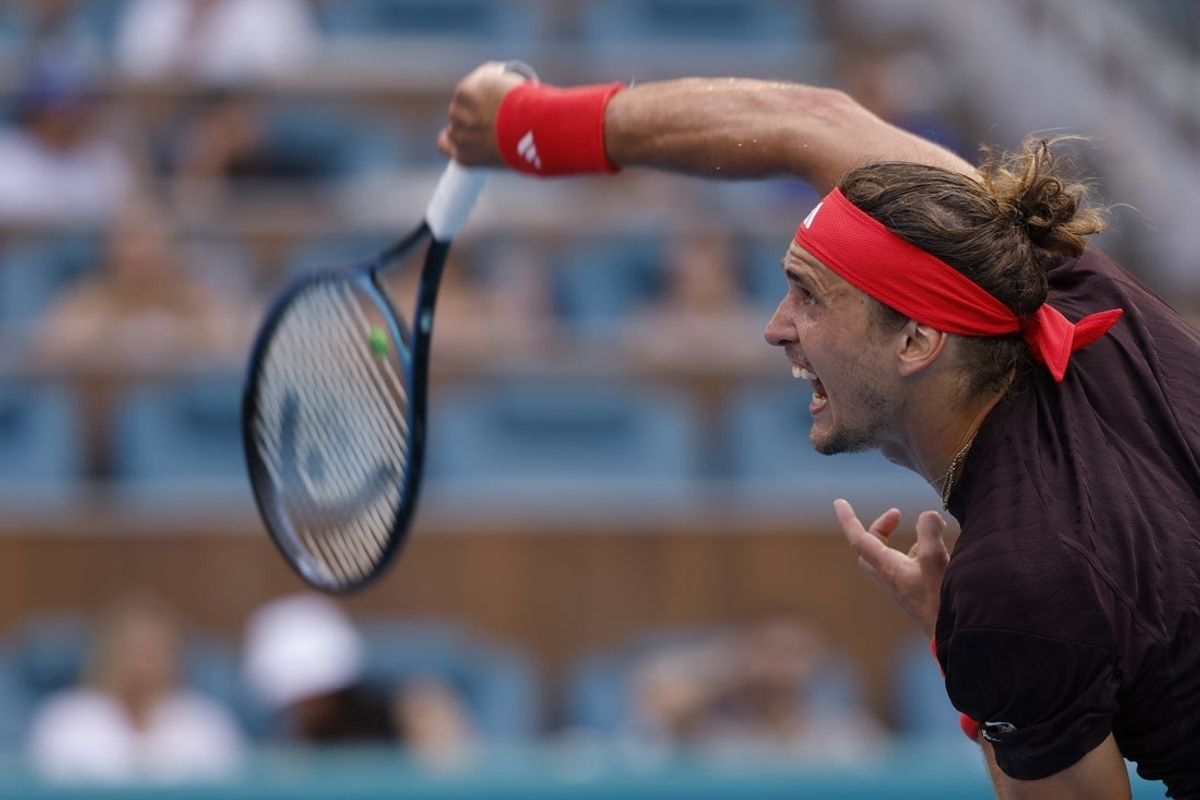 Mar 26, 2025; Miami, FL, USA; Alexander Zverev (GER) serves against Arthur Fils (FRA)(not pictured) on day nine of the Miami Open at Hard Rock Stadium. Mandatory Credit: Geoff Burke-Imagn Images