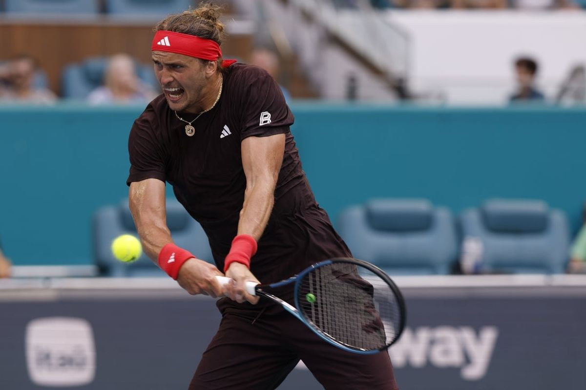 Mar 26, 2025; Miami, FL, USA; Alexander Zverev (GER) hits a backhand against Arthur Fils (FRA)(not pictured) on day nine of the Miami Open at Hard Rock Stadium. Mandatory Credit: Geoff Burke-Imagn Images
