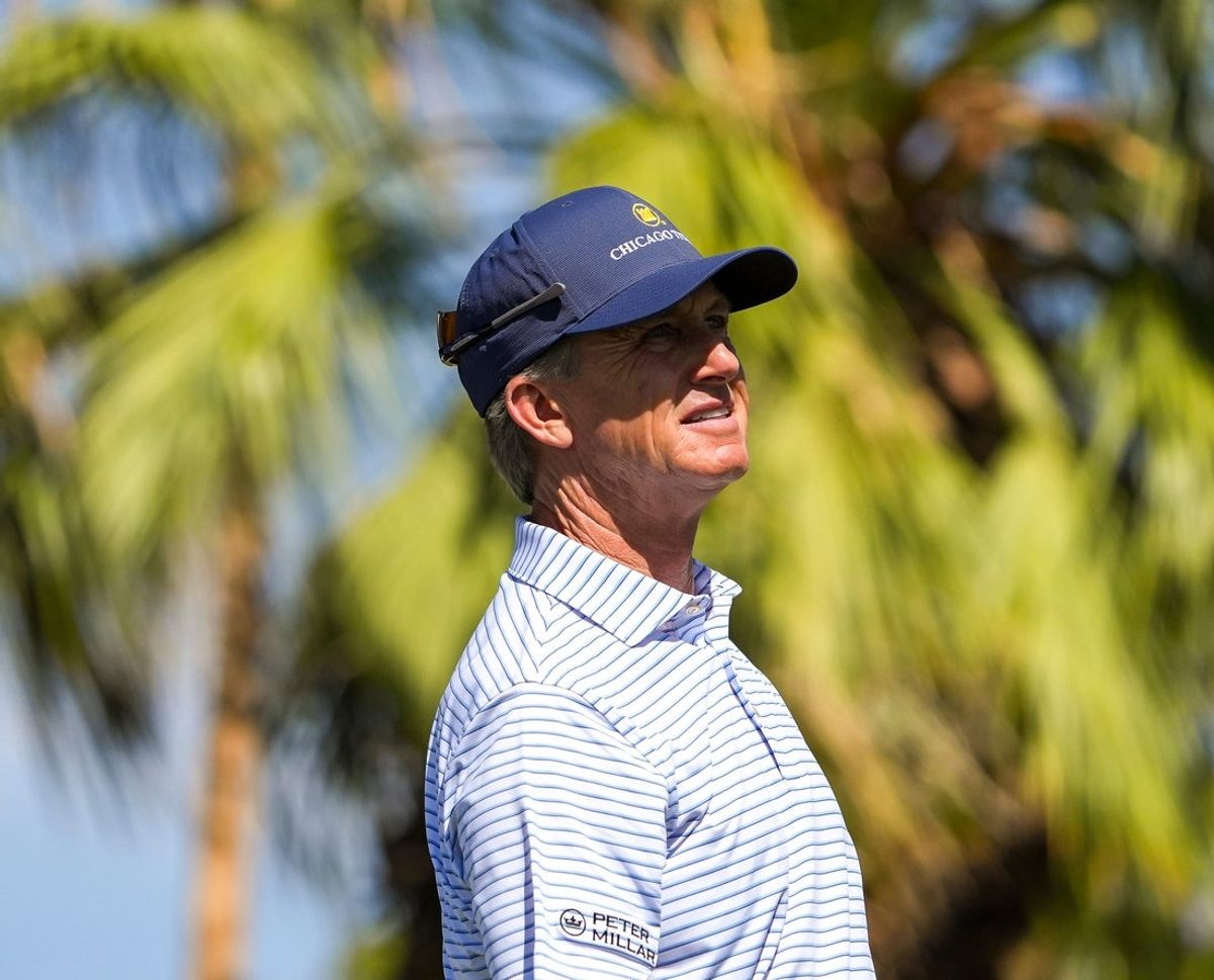 David Toms smiles as he watches his drive shot on 11 during the pro-am of the Galleri Classic at Mission Hills Country Club in Rancho Mirage, Calif., Wednesday, March 26, 2025.