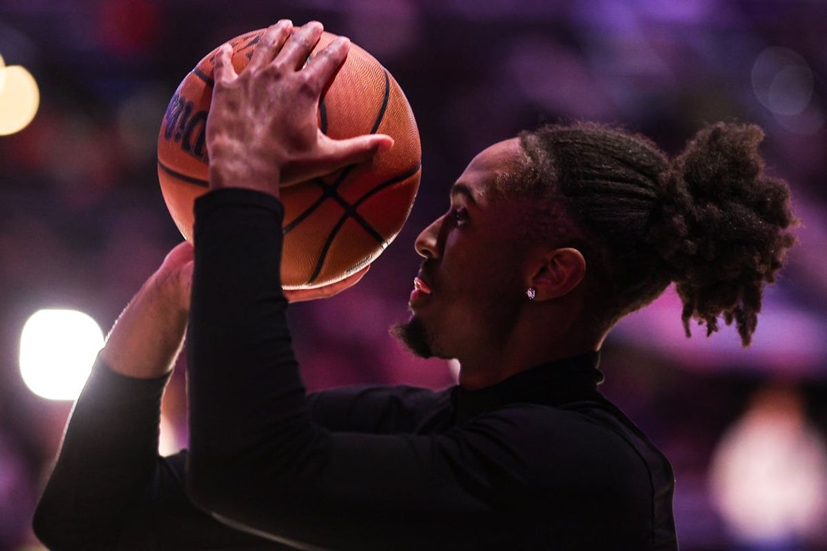 Mar 26, 2025; Philadelphia, Pennsylvania, USA; Philadelphia 76ers Tyrese Maxey practices before a game against the Washington Wizards at Wells Fargo Center. Mandatory Credit: Bill Streicher-Imagn Images