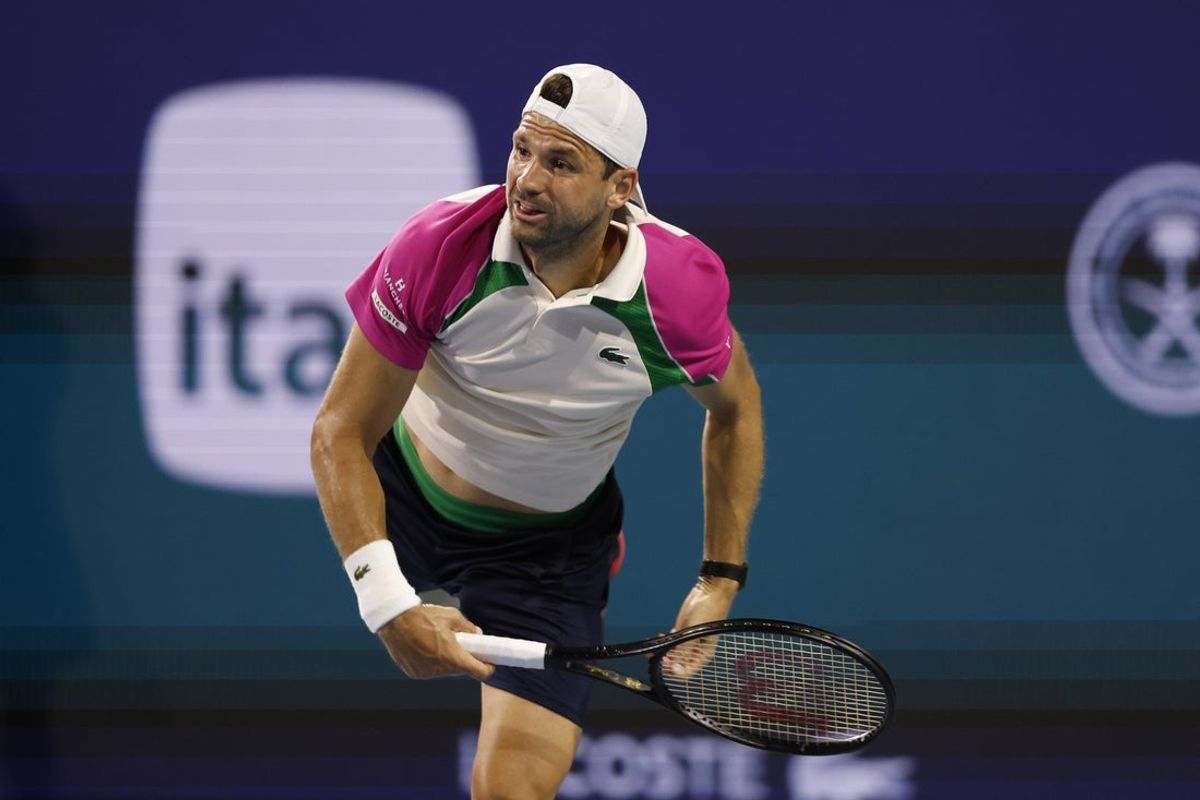 Mar 26, 2025; Miami, FL, USA; Grigor Dimitrov (BUL) serves against Francisco Cerundolo) (ARG)(not pictured) on day nine of the Miami Open at Hard Rock Stadium. Mandatory Credit: Geoff Burke-Imagn Images