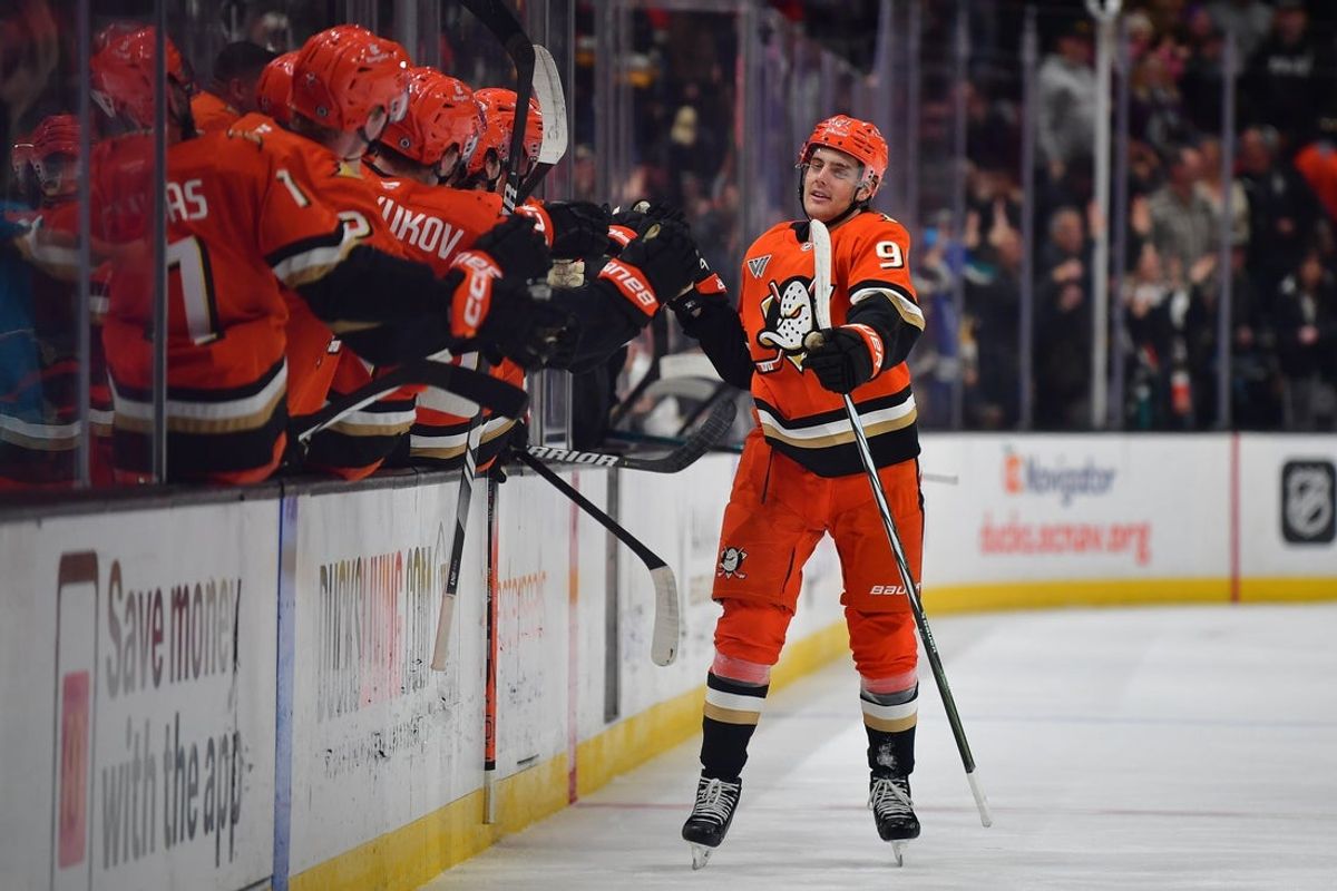 Mar 26, 2025; Anaheim, California, USA; Anaheim Ducks center Leo Carlsson (91) celebrates his shorthanded goal scored against the Boston Bruins during the first period at Honda Center. Mandatory Credit: Gary A. Vasquez-Imagn Images