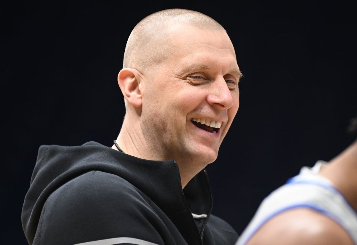 Mar 27, 2025; Indianapolis, IN, USA; Kentucky Wildcats head coach Mark Pope during the NCAA tournament midwest regional practice day at Lucas Oil Stadium. Mandatory Credit: Robert Goddin-Imagn Images