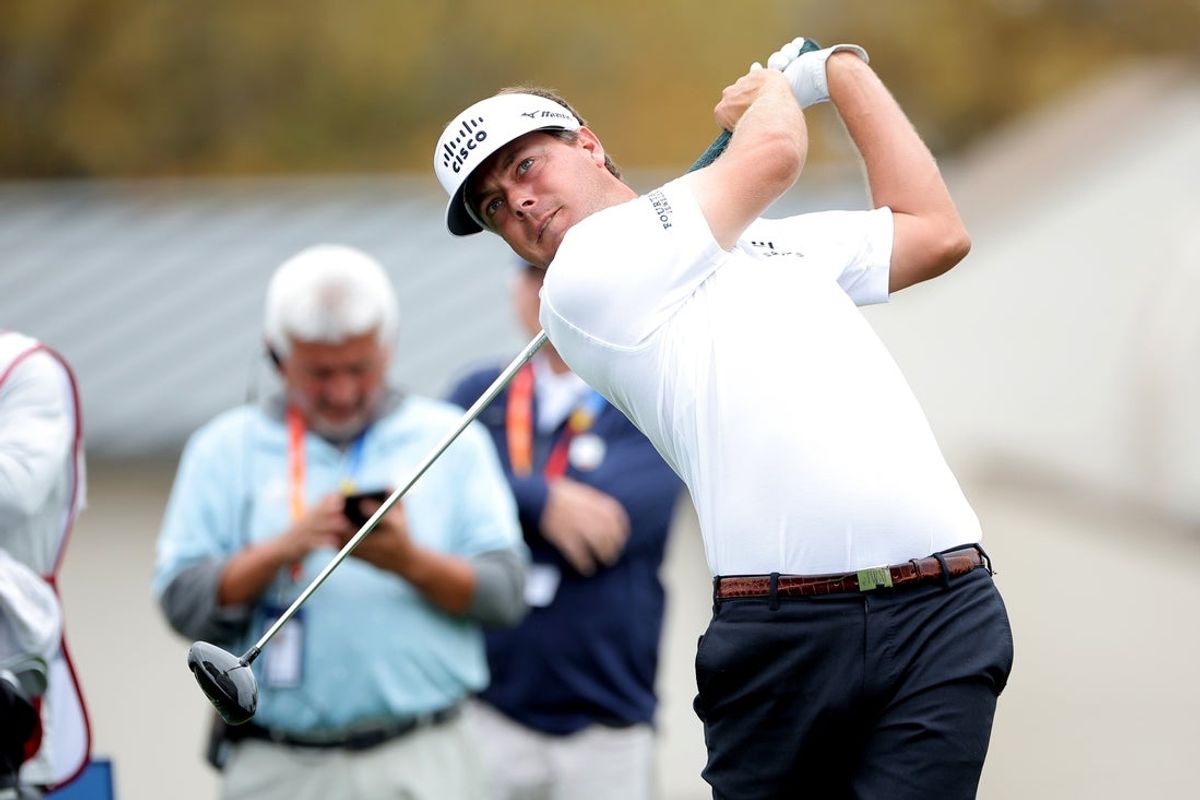 Mar 27, 2025; Houston, Texas, USA; Keith Mitchell hits a tee shot at the first hole during the first round of the Texas Children's Houston Open golf tournament. Mandatory Credit: Erik Williams-Imagn Images