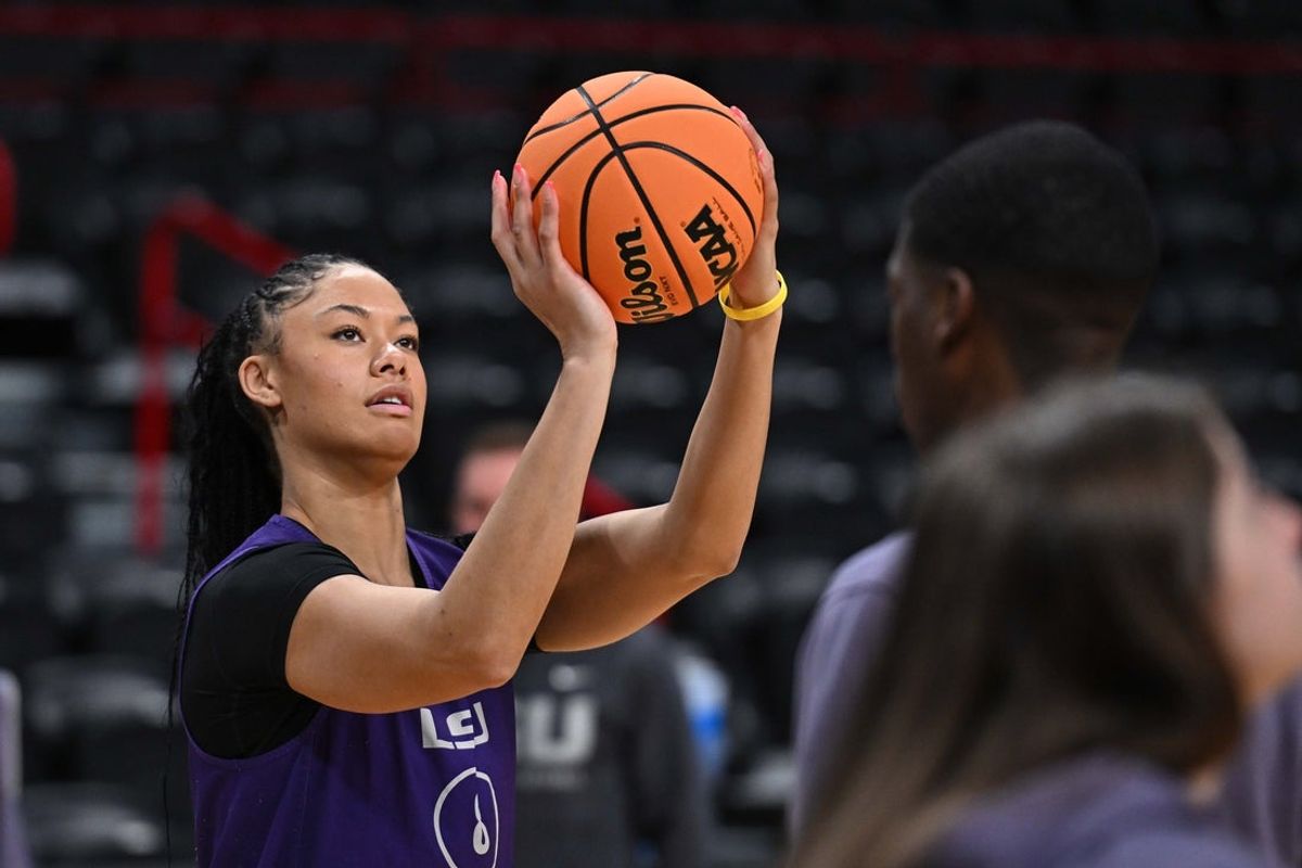 Mar 27, 2025; Spokane, WA, USA; LSU Lady Tigers forward Jersey Wolfenbarger (8) shoots during an NCAA Tournament practice session at Spokane Arena. Mandatory Credit: James Snook-Imagn Images
