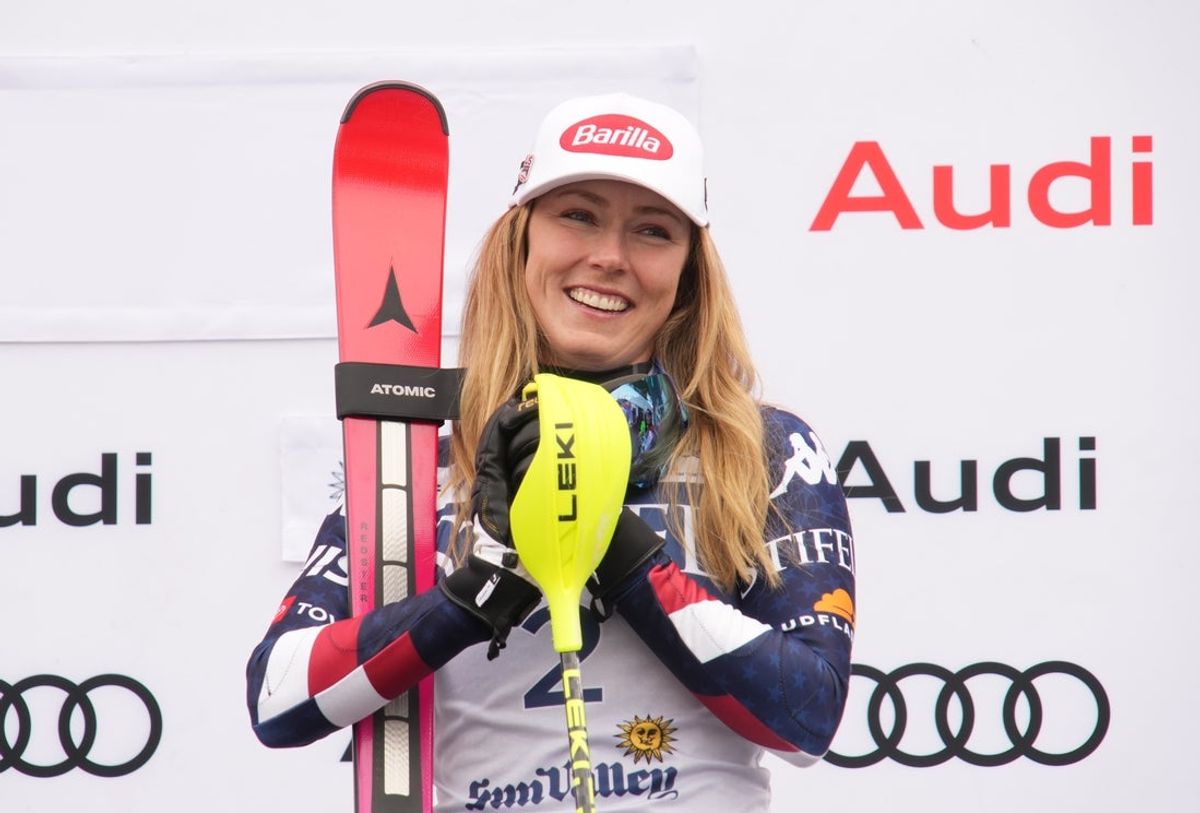 Mar 27, 2025; Sun Valley, ID, USA; Race winner Mikaela Shiffrin of the United States celebrates on the podium after winning the slalom alpine skiing race in the 2025 FIS Ski World Cup at Sun Valley. Mandatory Credit: Michael Madrid-Imagn Images