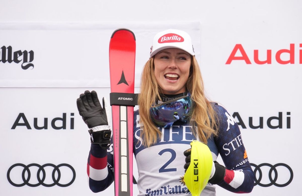 Mar 27, 2025; Sun Valley, ID, USA; Race winner Mikaela Shiffrin of the United States celebrates on the podium after winning the slalom alpine skiing race in the 2025 FIS Ski World Cup at Sun Valley. Mandatory Credit: Michael Madrid-Imagn Images