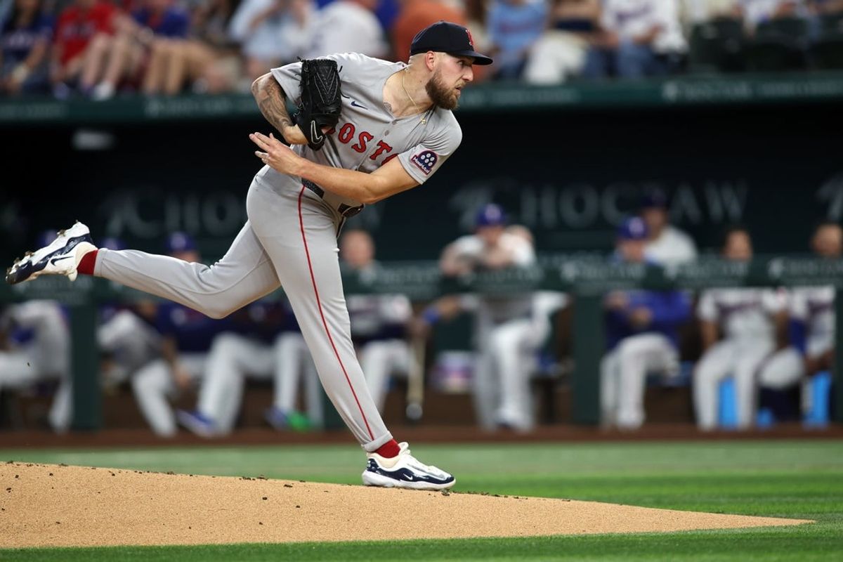 Mar 27, 2025; Arlington, Texas, USA; Boston Red Sox pitcher Garrett Crochet (35) throws a pitch in the first inning against the Texas Rangers at Globe Life Field. Mandatory Credit: Tim Heitman-Imagn Images