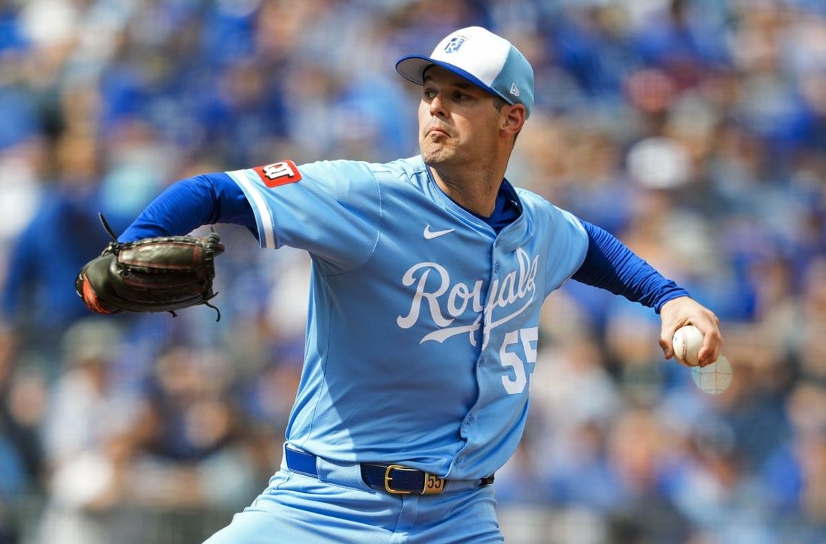 Mar 27, 2025; Kansas City, Missouri, USA; Kansas City Royals starting pitcher Cole Ragans (55) pitches during the first inning against the Cleveland Guardians at Kauffman Stadium. Mandatory Credit: Jay Biggerstaff-Imagn Images