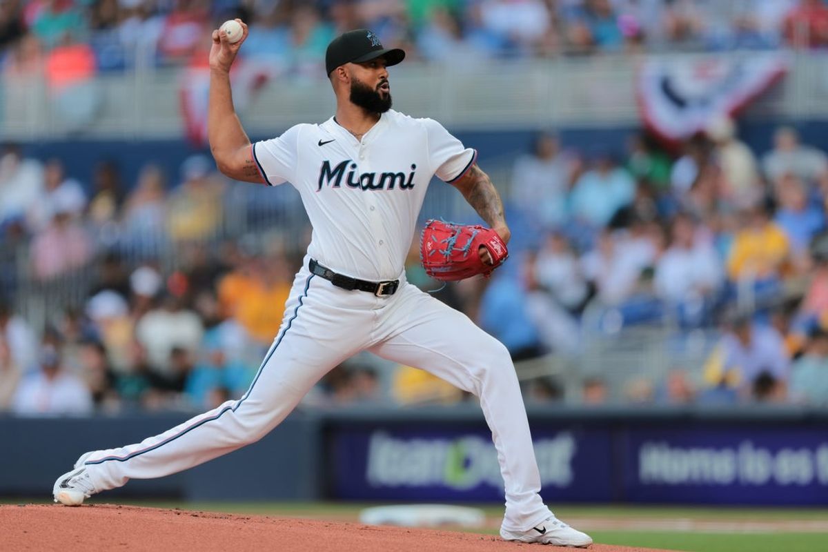 Mar 27, 2025; Miami, Florida, USA; Miami Marlins starting pitcher Sandy Alcantara (22) delivers a pitch against the Pittsburgh Pirates during the first inning at loanDepot Park. Mandatory Credit: Sam Navarro-Imagn Images