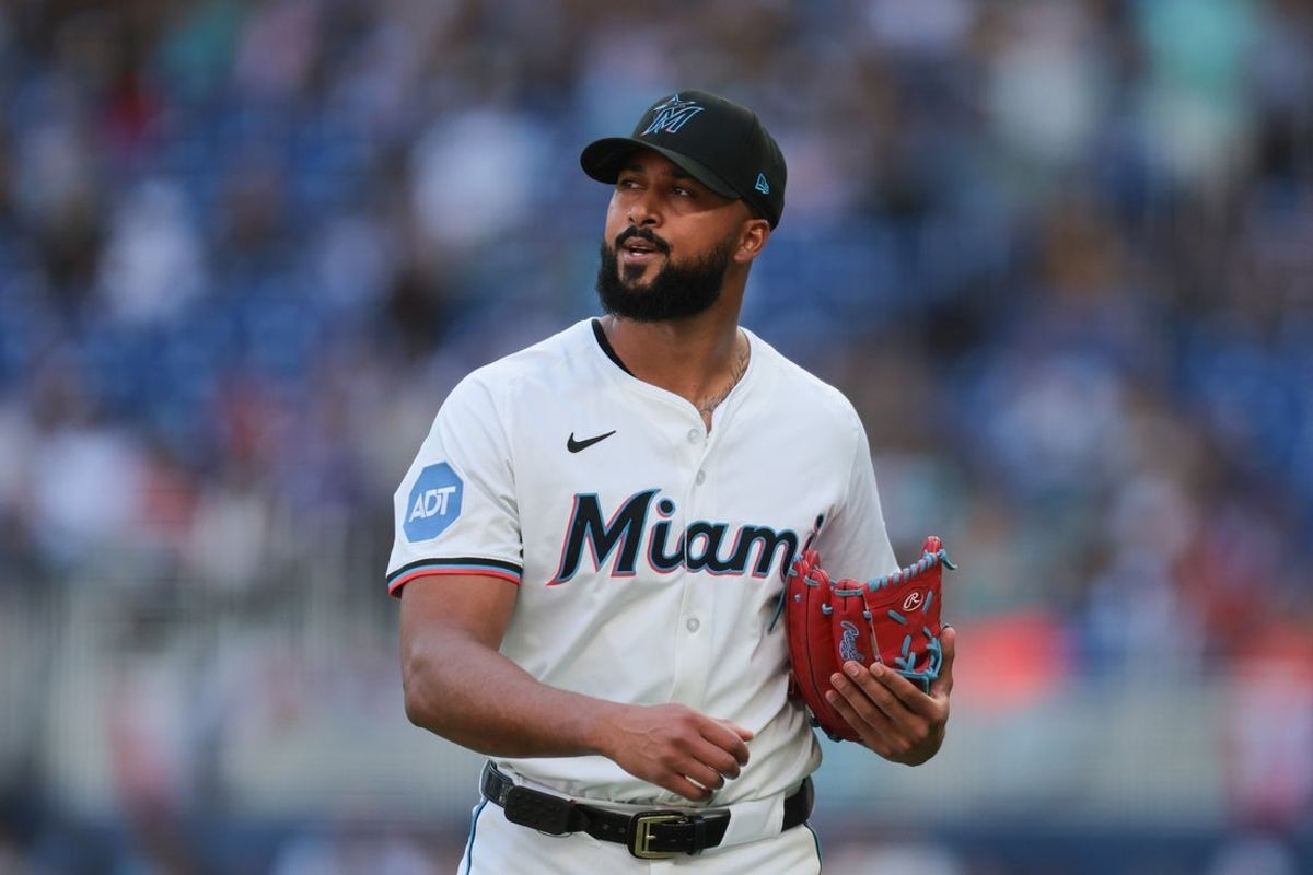 Mar 27, 2025; Miami, Florida, USA; Miami Marlins starting pitcher Sandy Alcantara (22) looks on against the Pittsburgh Pirates during the first inning at loanDepot Park. Mandatory Credit: Sam Navarro-Imagn Images