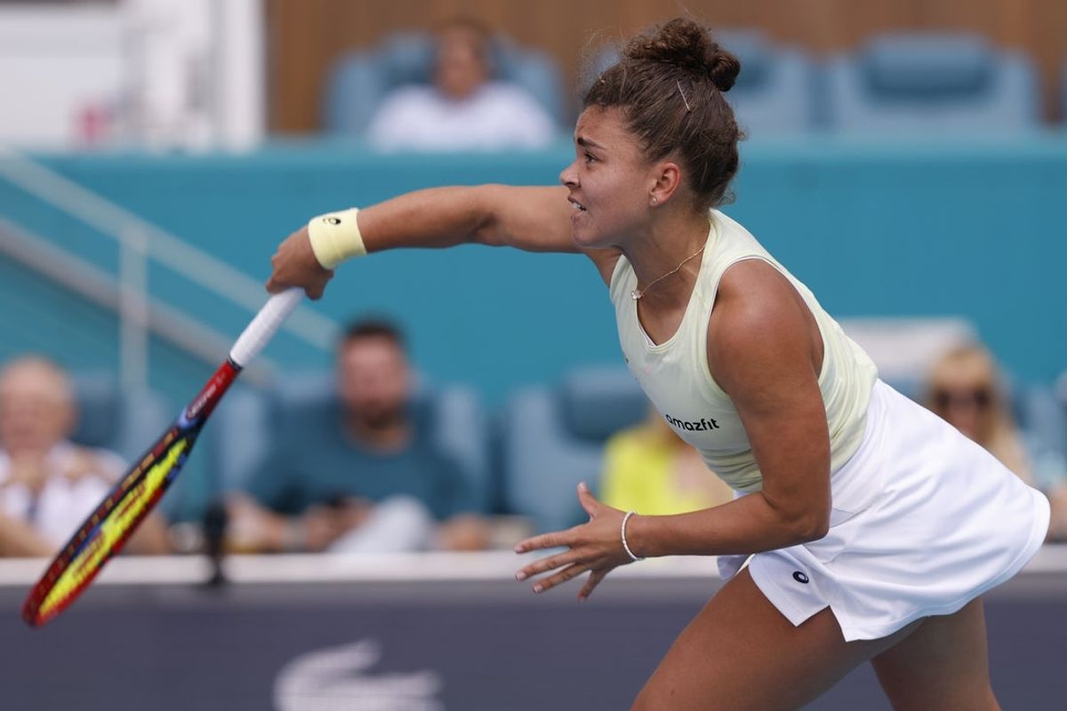 Mar 27, 2025; Miami, FL, USA; Jasmine Paolini (ITA) serves against Aryna Sabalenka (not pictured) in a women's singles semifinal on day ten of the Miami Open at Hard Rock Stadium. Mandatory Credit: Geoff Burke-Imagn Images)