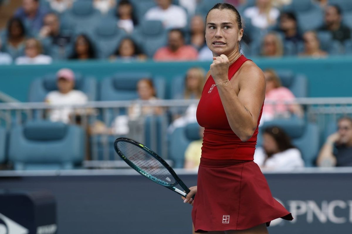 Mar 27, 2025; Miami, FL, USA; Aryna Sabalenka reacts after winning a point against Jasmine Paolini (ITA)(not pictured) in a women's singles semifinal on day ten of the Miami Open at Hard Rock Stadium. Mandatory Credit: Geoff Burke-Imagn Images