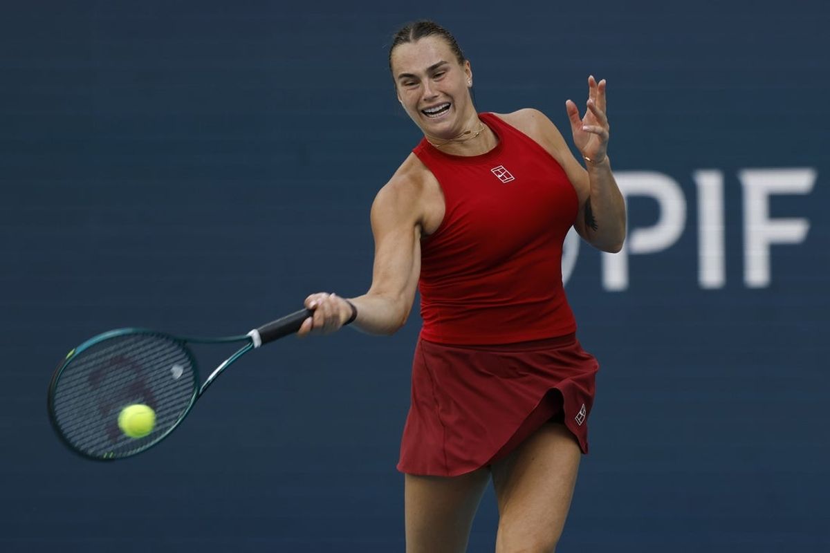 Mar 27, 2025; Miami, FL, USA; Aryna Sabalenka hits a forehand against Jasmine Paolini (ITA)(not pictured) in a women's singles semifinal on day ten of the Miami Open at Hard Rock Stadium. Mandatory Credit: Geoff Burke-Imagn Images