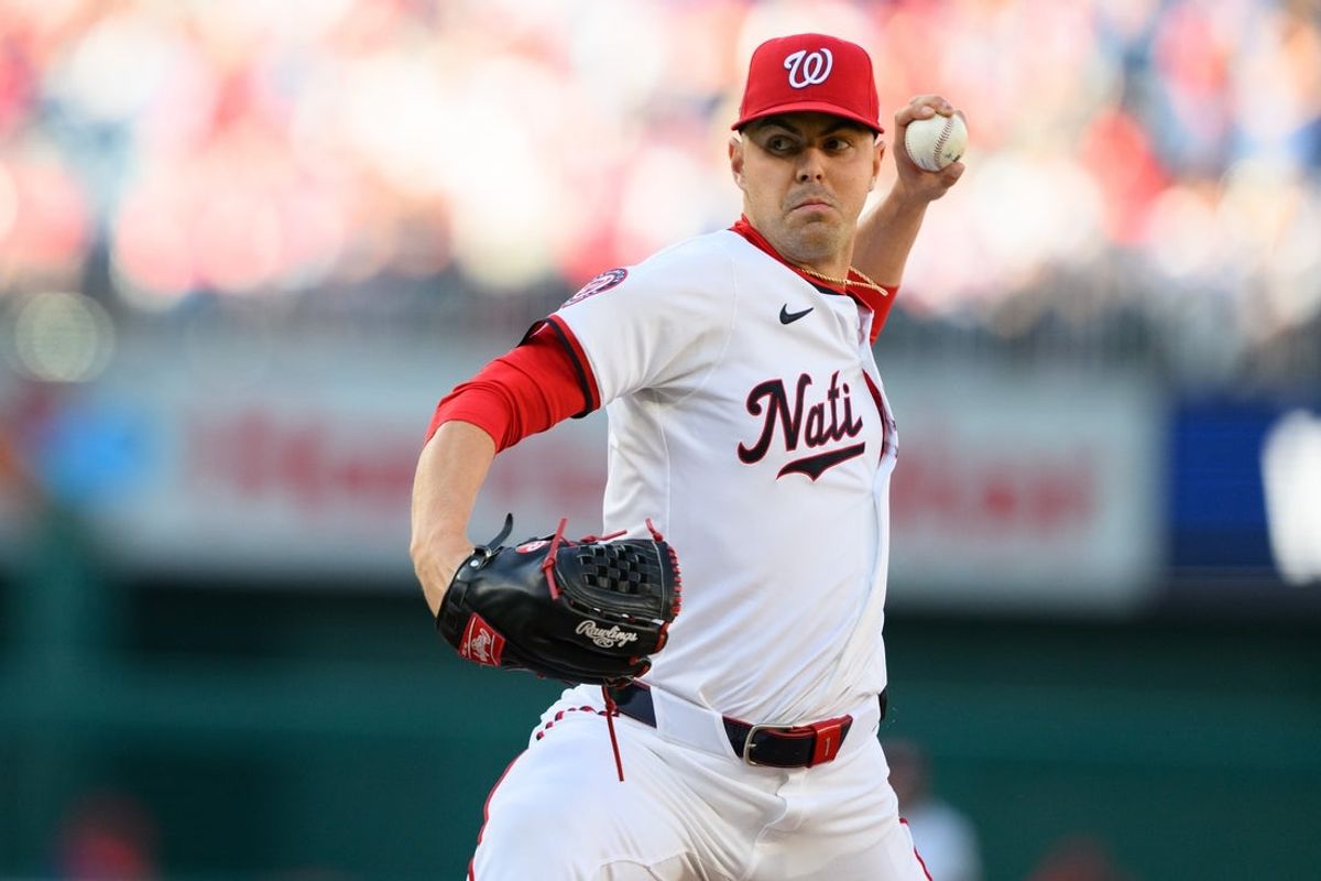Mar 27, 2025; Washington, District of Columbia, USA; Washington Nationals pitcher MacKenzie Gore (1) throws a pitch during the fourth inning against the Philadelphia Phillies at Nationals Park. Mandatory Credit: Reggie Hildred-Imagn Images