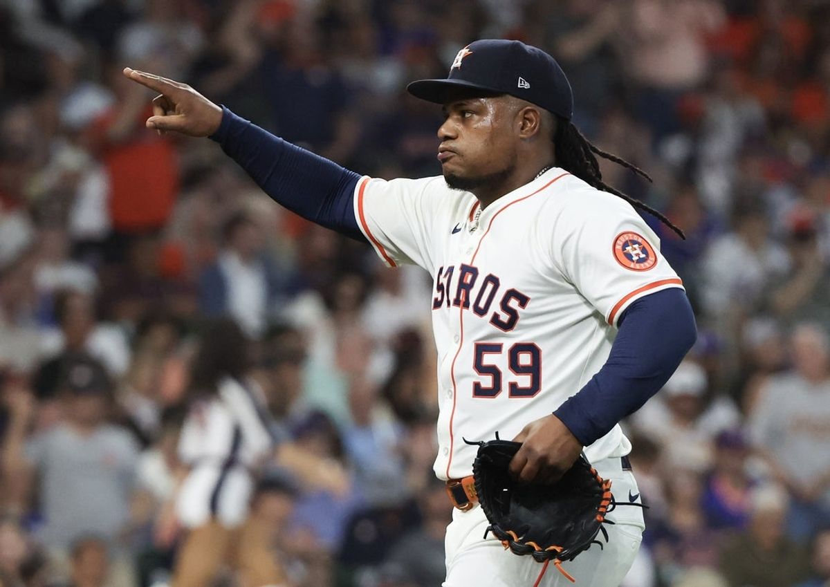 Mar 27, 2025; Houston, Texas, USA; Houston Astros pitcher Framber Valdez (59) reacts to call third strike against the New York Mets to end the bottom of the seventh inning at Daikin Park. Mandatory Credit: Thomas Shea-Imagn Images
