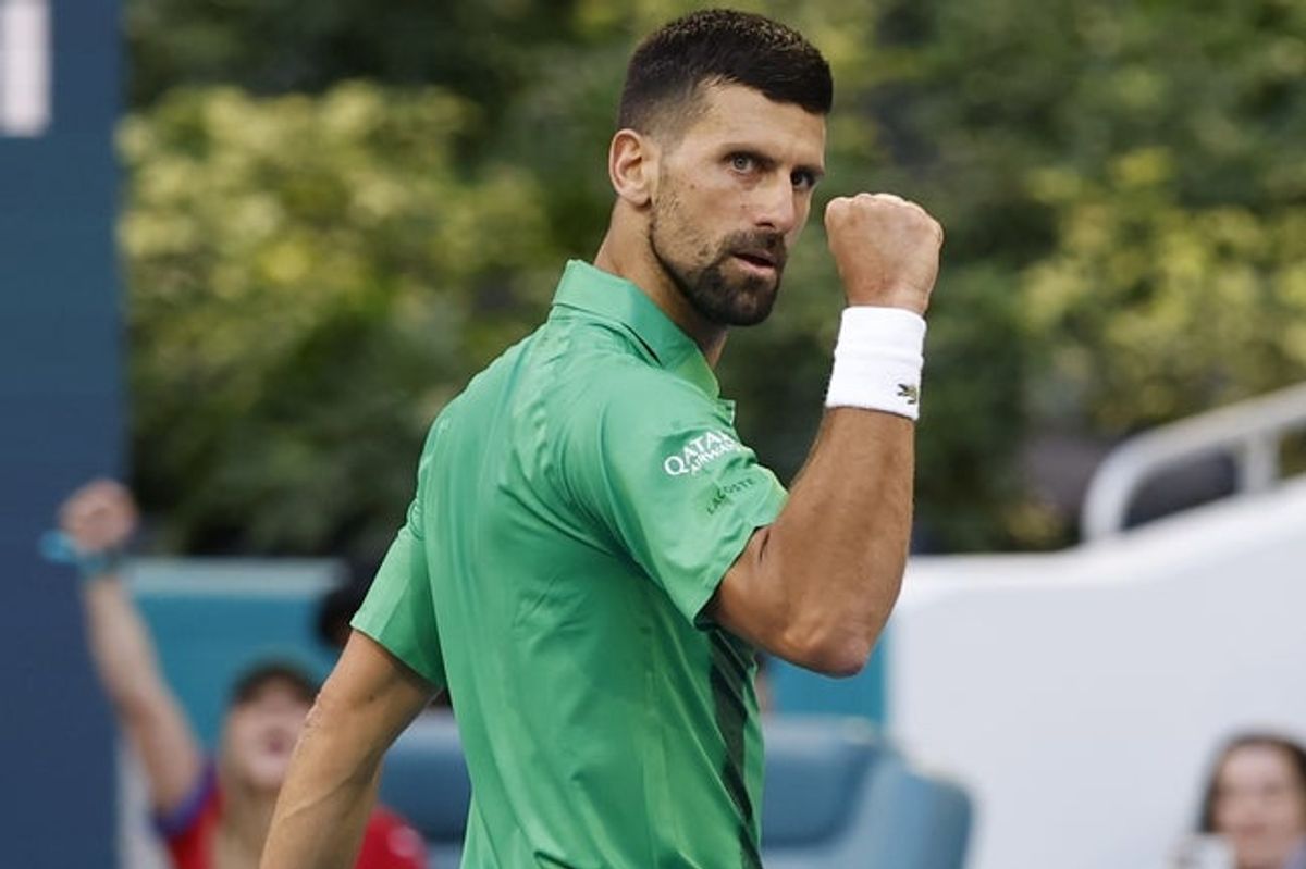 Mar 27, 2025; Miami, FL, USA; Novak Djokovic (SRB) reacts after winning a point against Sebastian Korda (USA)(not pictured) in a men's singles quarterfinal on day ten of the Miami Open at Hard Rock Stadium. Mandatory Credit: Geoff Burke-Imagn Images