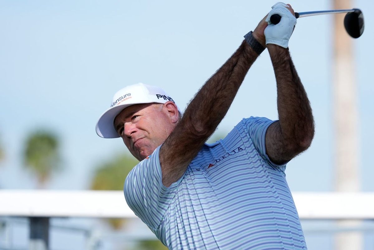 Stewart Cink tees of on 10 during the Galleri Classic Pro-Am at Mission Hills Country Club in Rancho Mirage, Calif., on Thursday, March 27, 2025.