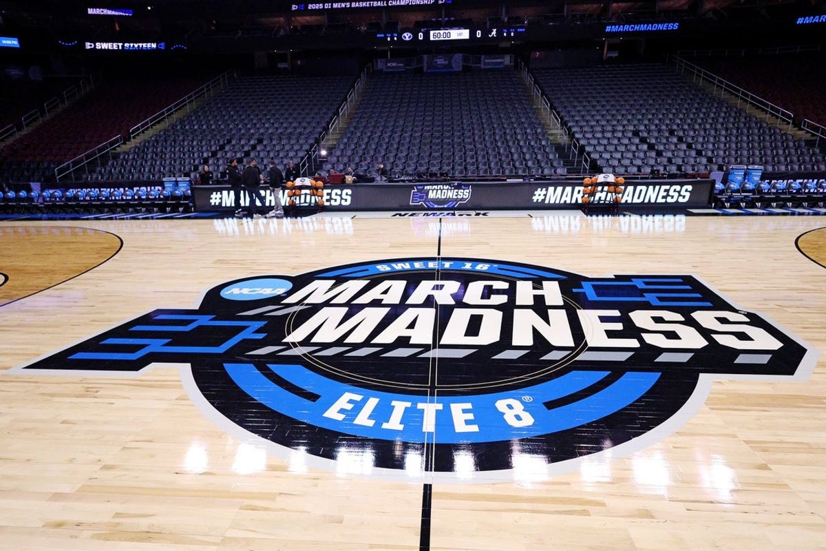 Mar 27, 2025; Newark, NJ, USA; A view of March Madness signage and the court before  an East Regional semifinal of the 2025 NCAA tournament between the Alabama Crimson Tide and the Brigham Young Cougars at Prudential Center. Mandatory Credit: Vincent Carchietta-Imagn Images