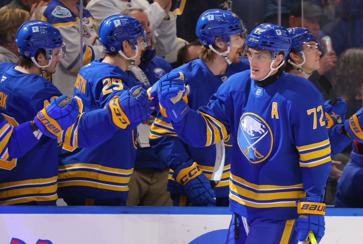 Mar 27, 2025; Buffalo, New York, USA;  Buffalo Sabres center Tage Thompson (72) celebrates his goal with teammates during the first period against the Pittsburgh Penguins at KeyBank Center. Mandatory Credit: Timothy T. Ludwig-Imagn Images