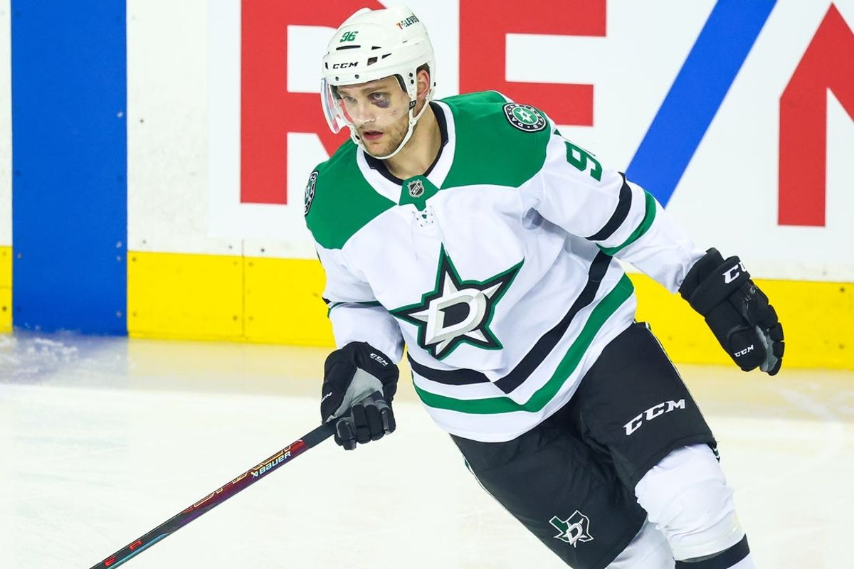 Mar 27, 2025; Calgary, Alberta, CAN; Dallas Stars right wing Mikko Rantanen (96) skates during the warmup period against the Calgary Flames at Scotiabank Saddledome. Mandatory Credit: Sergei Belski-Imagn Images
