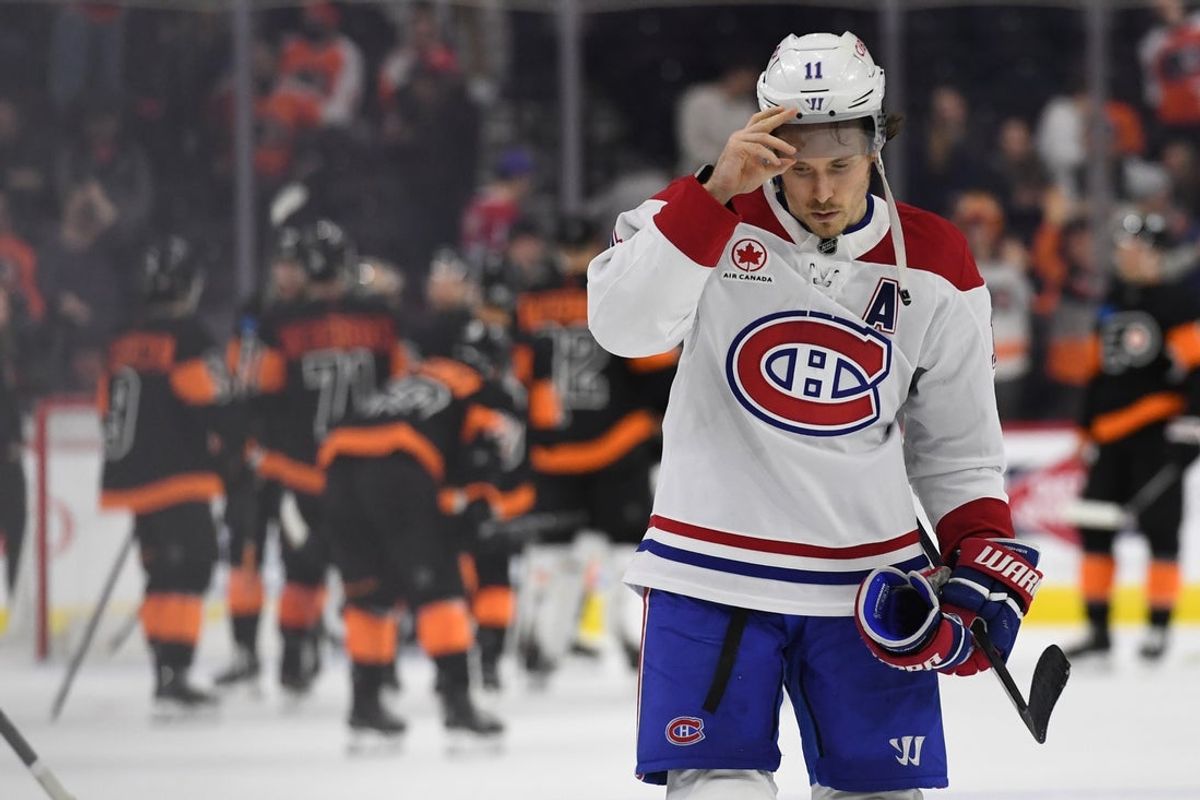 Mar 27, 2025; Philadelphia, Pennsylvania, USA; Montreal Canadiens right wing Brendan Gallagher (11) skates off the ice after loss to the Philadelphia Flyers during the third period at Wells Fargo Center. Mandatory Credit: Eric Hartline-Imagn Images
